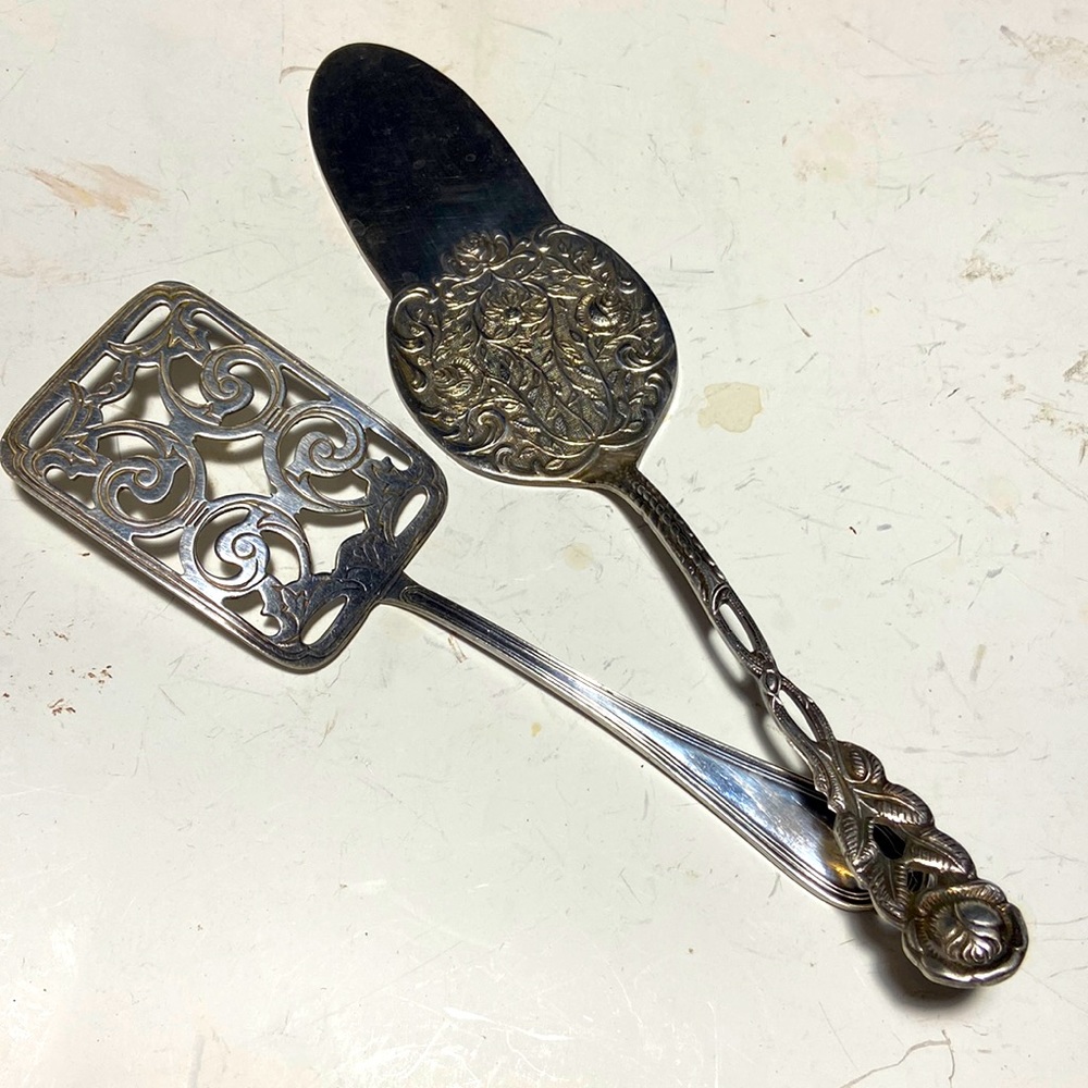 set of 2 Vtg W.Germany and Spain Silver tone Ornate Scroll Pastry Servers